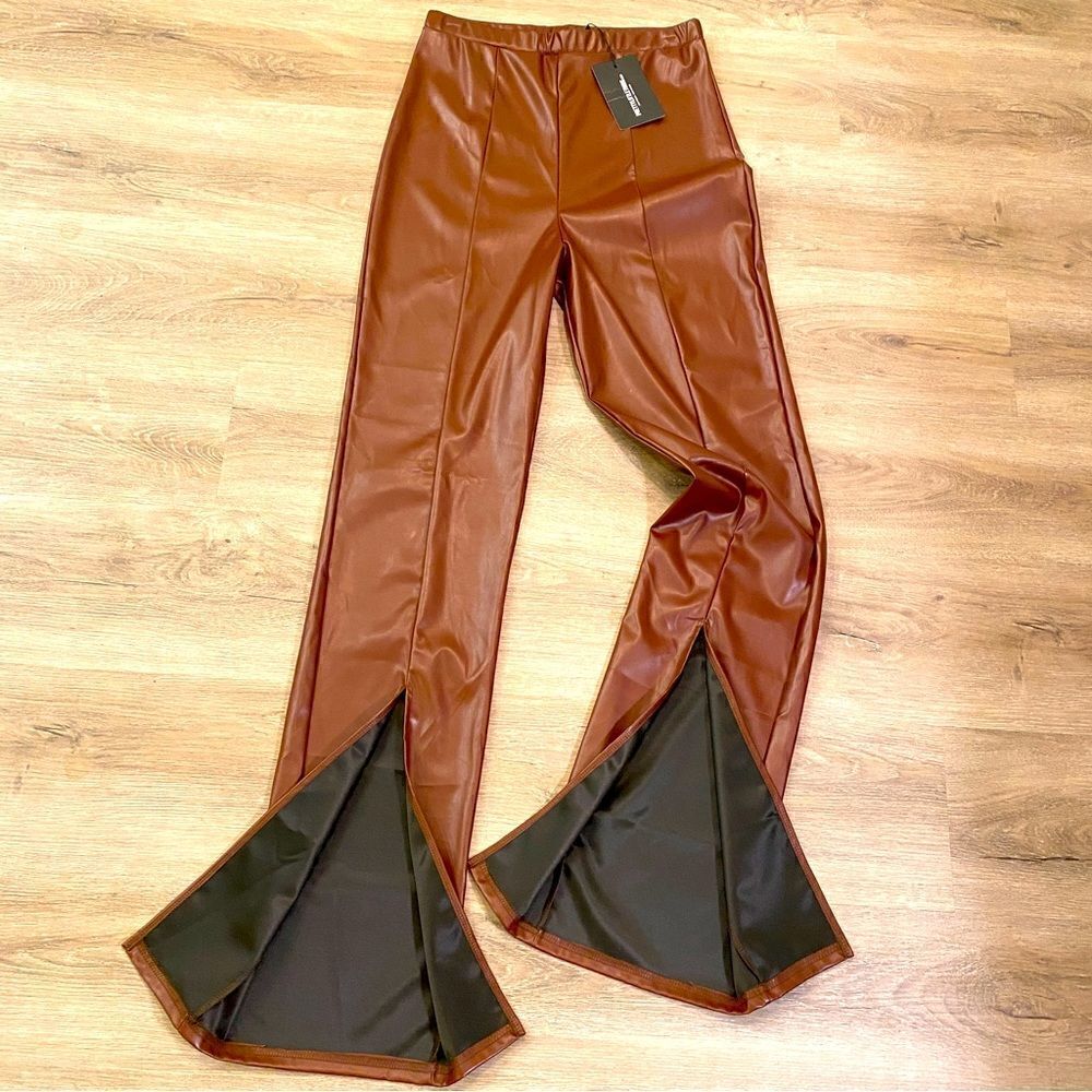 PRETTYLITTLETHING CHOCOLATE FAUX LEATHER SEAM DETAIL SPLIT HEM TROUSERS 8 NWT